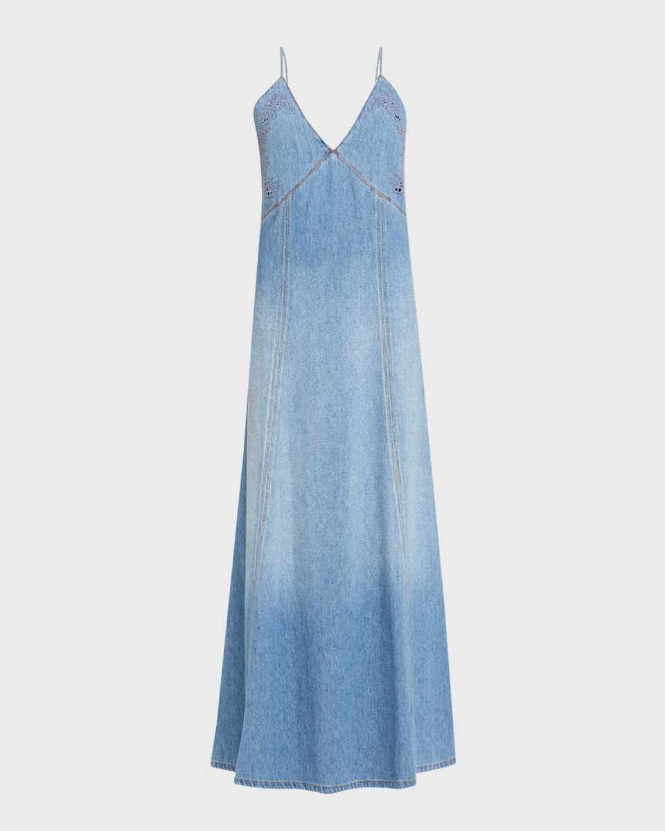 Denim Maxi Dress with Eyelet Embroidery